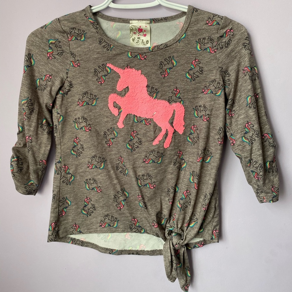 Girls Grey Reversible Unicorn Sequin Long Sleeve